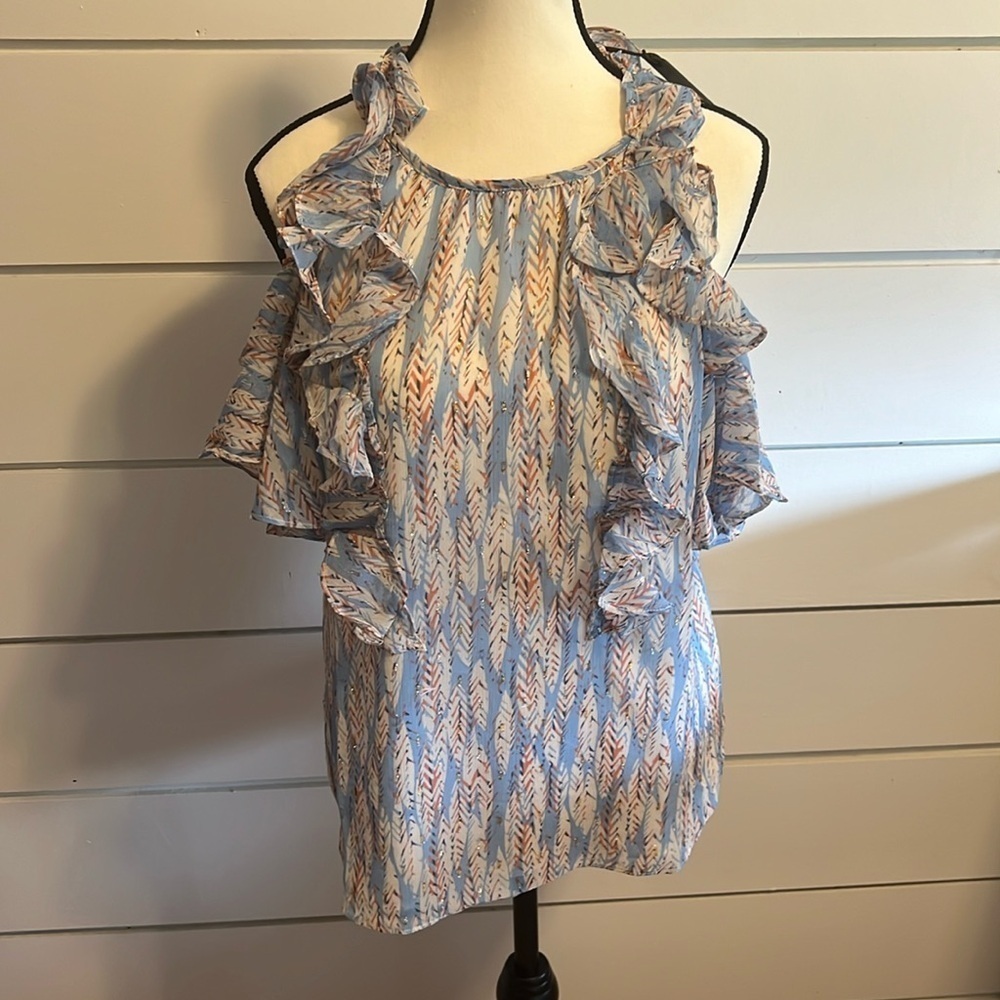 Miss Me Blue Feather Print Cold Shoulder Top - Picture 1 of 4